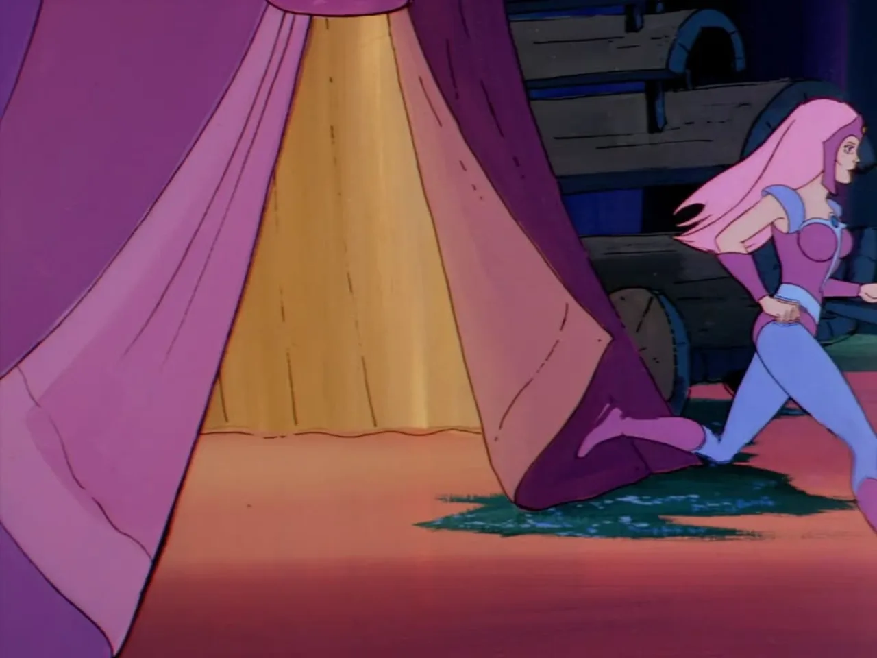 A pink haired woman runs past a purple curtain and a wooden wagon wheel.