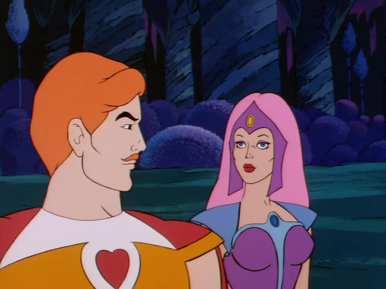 Bow speaks closely with a pink haired woman in the dark forest.