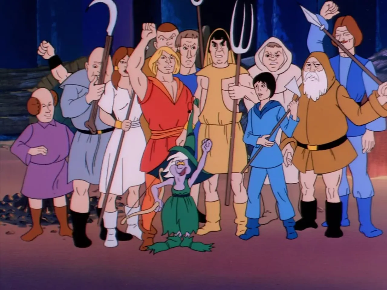A crowd of rebels raises weapons and fists together with He-Man and Bow at the front.