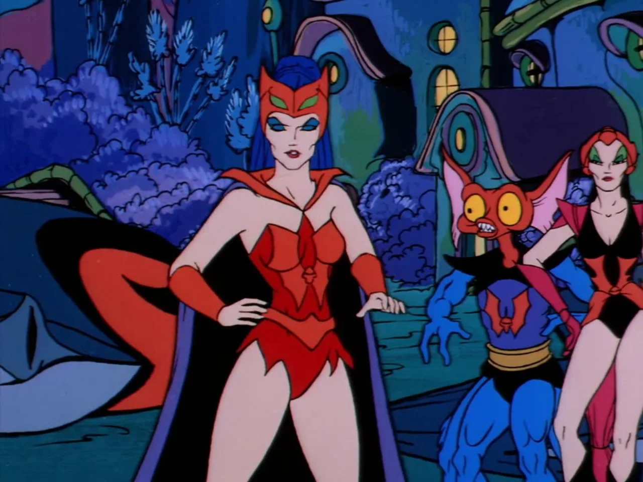 Catra stands with a hand on her hip flanked by a blue bat eared Horde creature and another villainess.