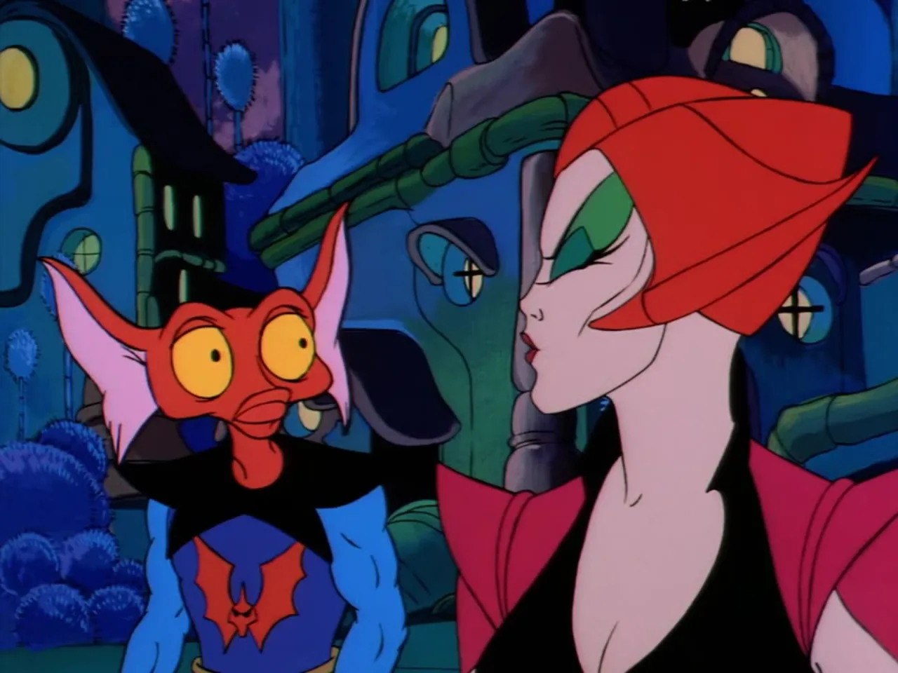 A blue bat eared Horde creature faces Catra in close profile inside the Fright Zone.