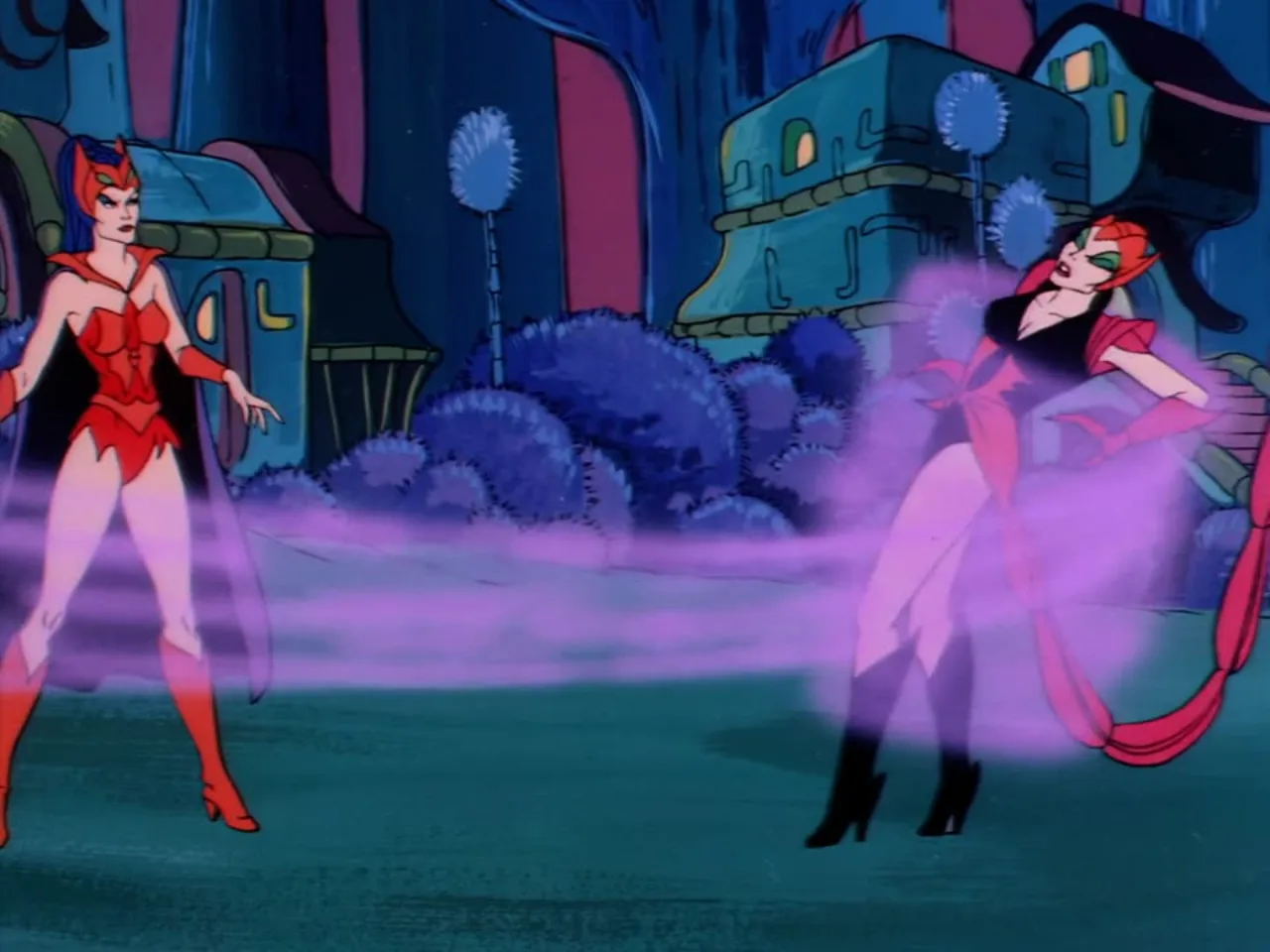 A pink haired woman in a purple and blue outfit walks down a corridor inside the Fright Zone.