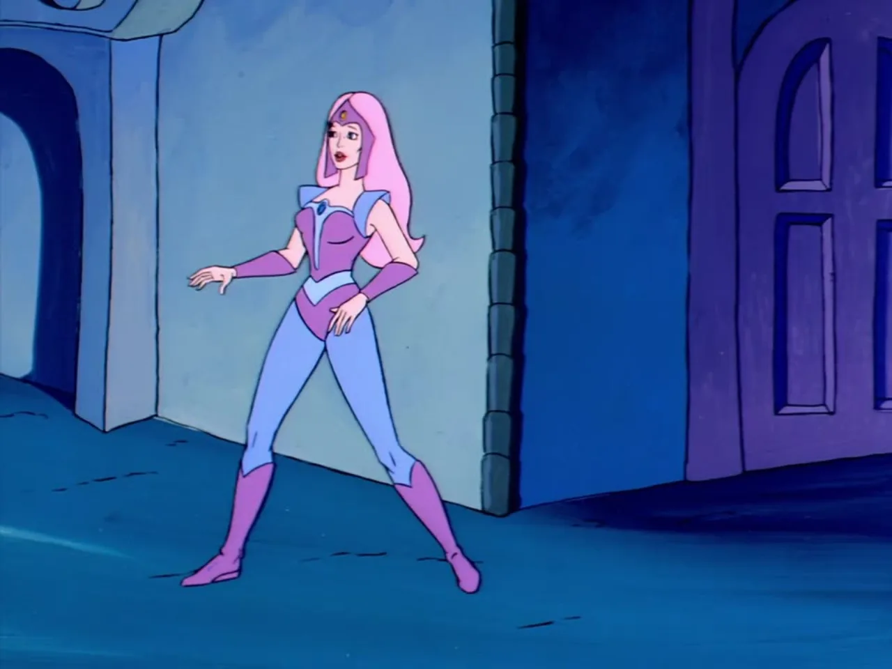 A pink haired woman looks over her shoulder at a snarling blue reptilian Horde creature.