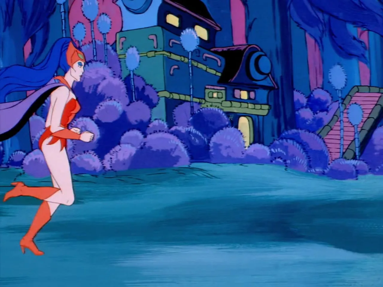 A pink haired woman runs past a blue Fright Zone building through the purple brush.
