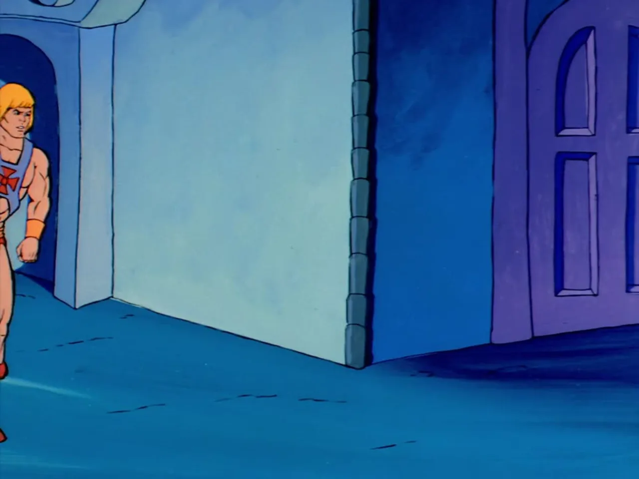 Prince Adam peers cautiously around a wall from a doorway.