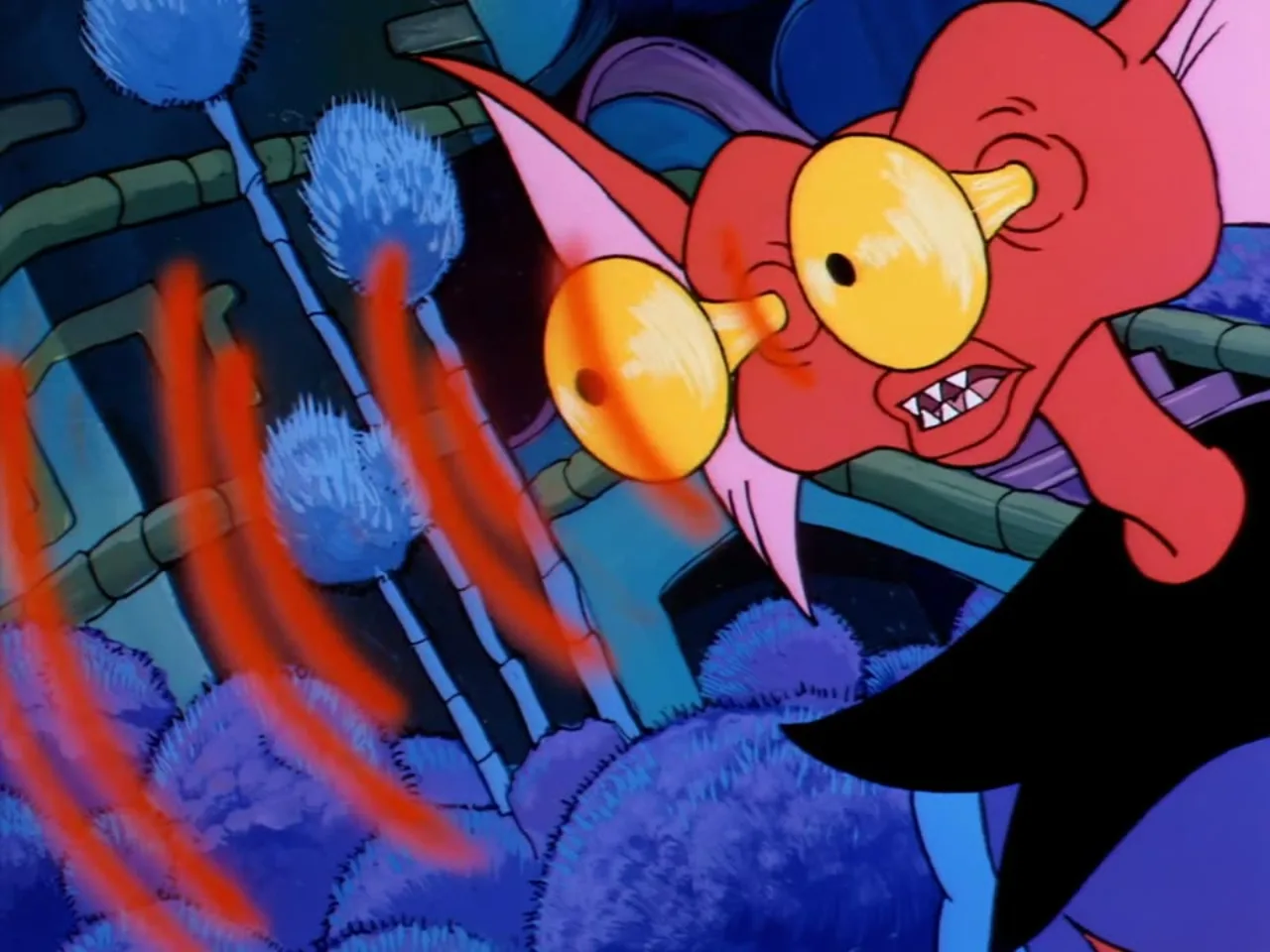 A red horned imp creature grimaces in close up with fiery red streaks behind it.