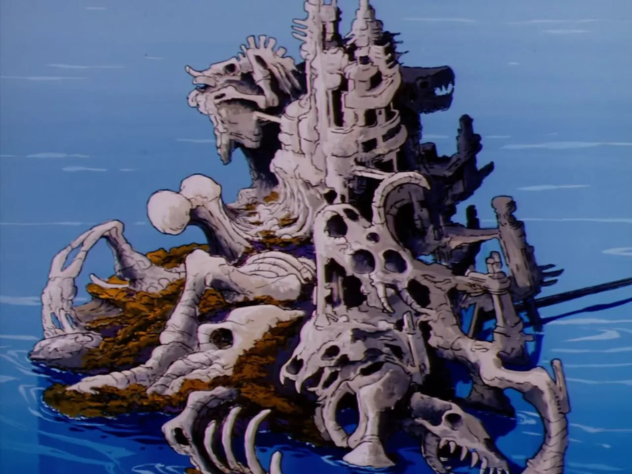 A jagged skeletal fortress built from bones and wreckage rises from the ocean water.
