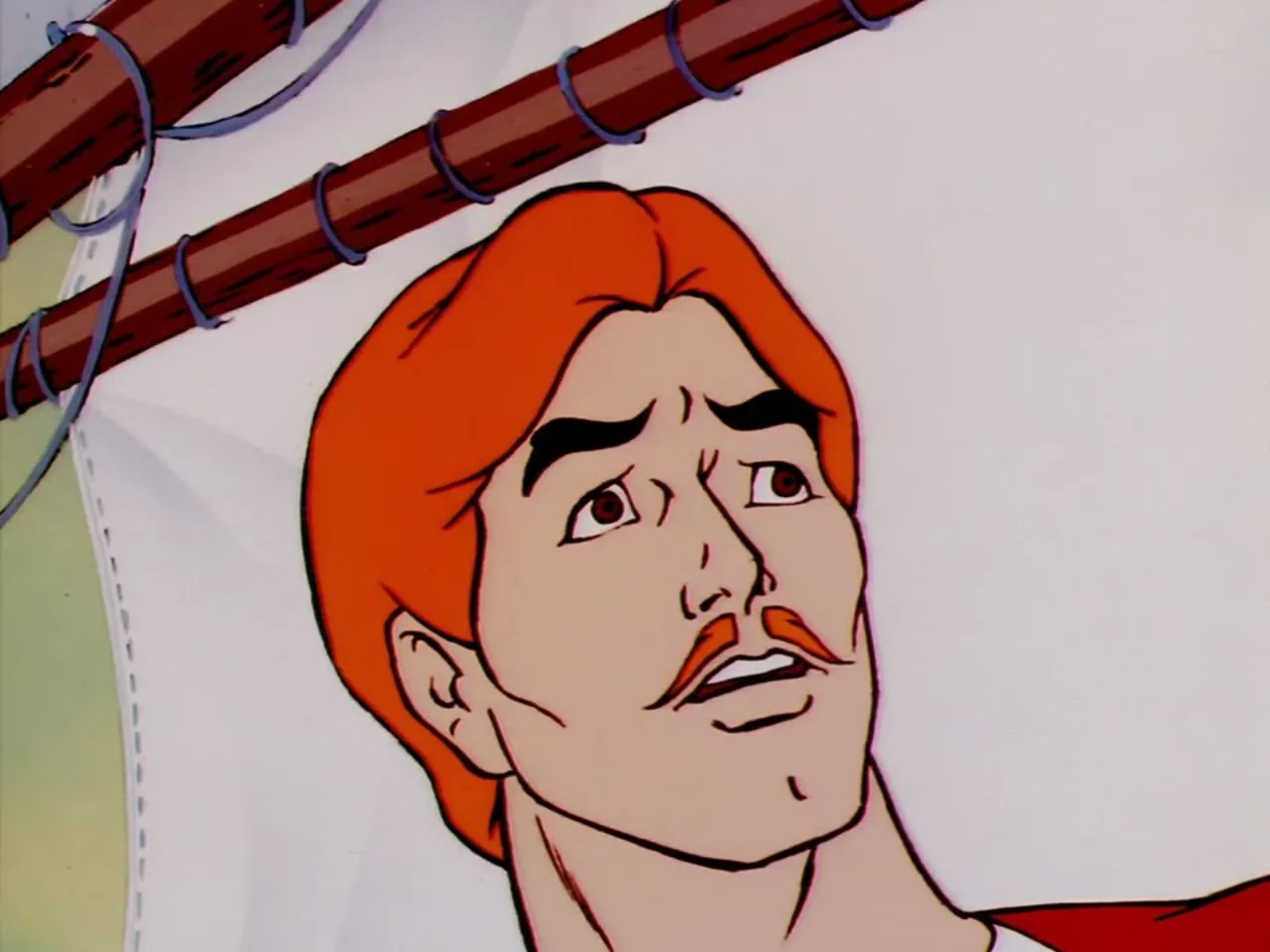 Bow looks up with a worried expression near ship rigging and sail cloth.