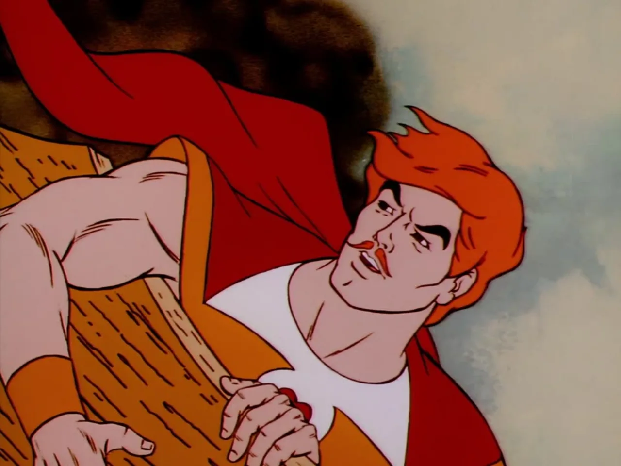 Bow leans back as his red cape and hair whip in a strong wind on the ship deck.