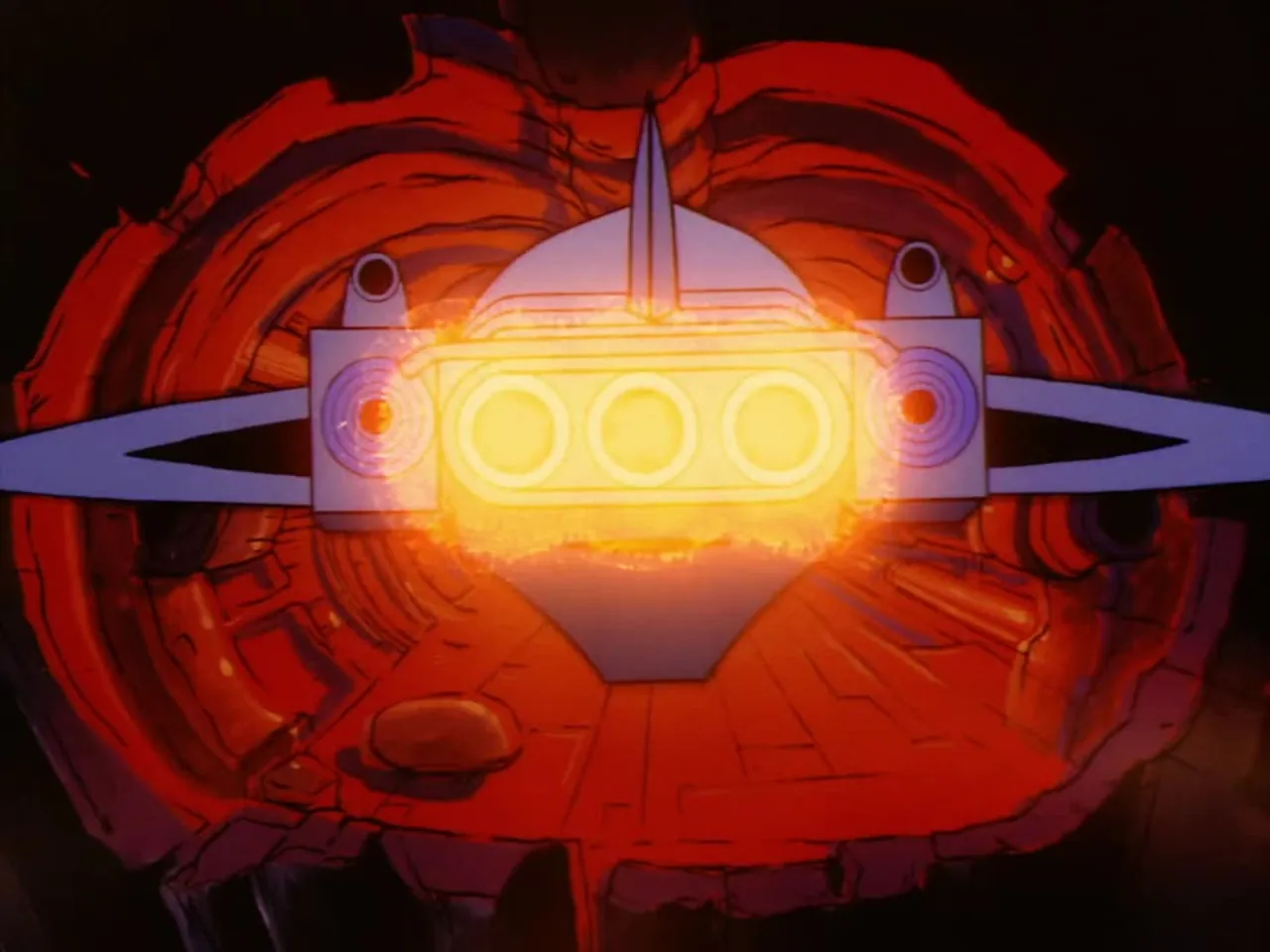 A glowing mechanical device pulses with orange light inside a dark chamber.