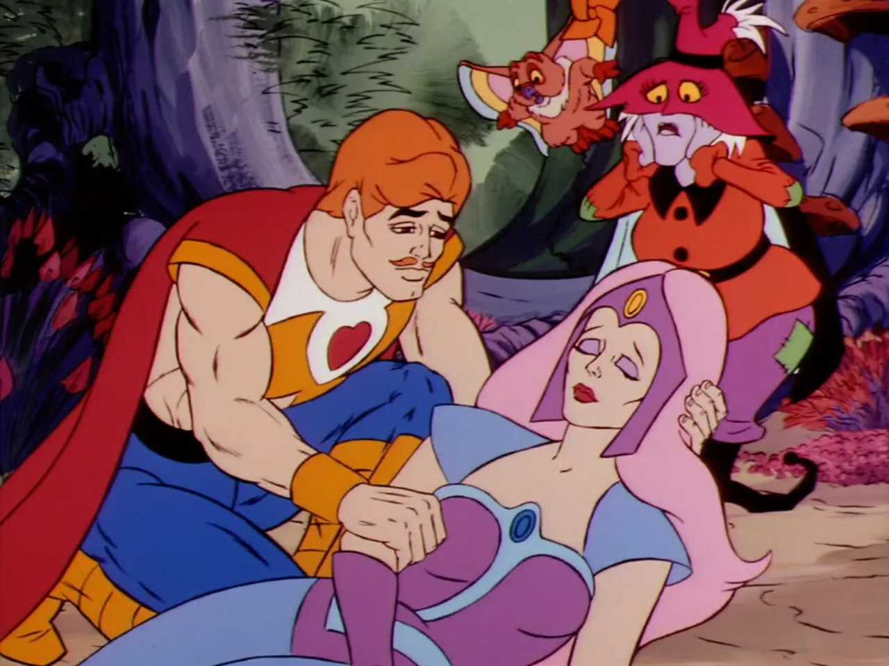 Bow cradles a fainted Glimmer in his arms as Kowl and Madame Razz look on with worry.