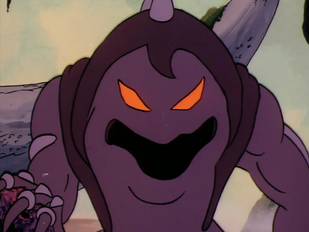 A horned purple rock creature snarls with glowing orange eyes against a pale sky