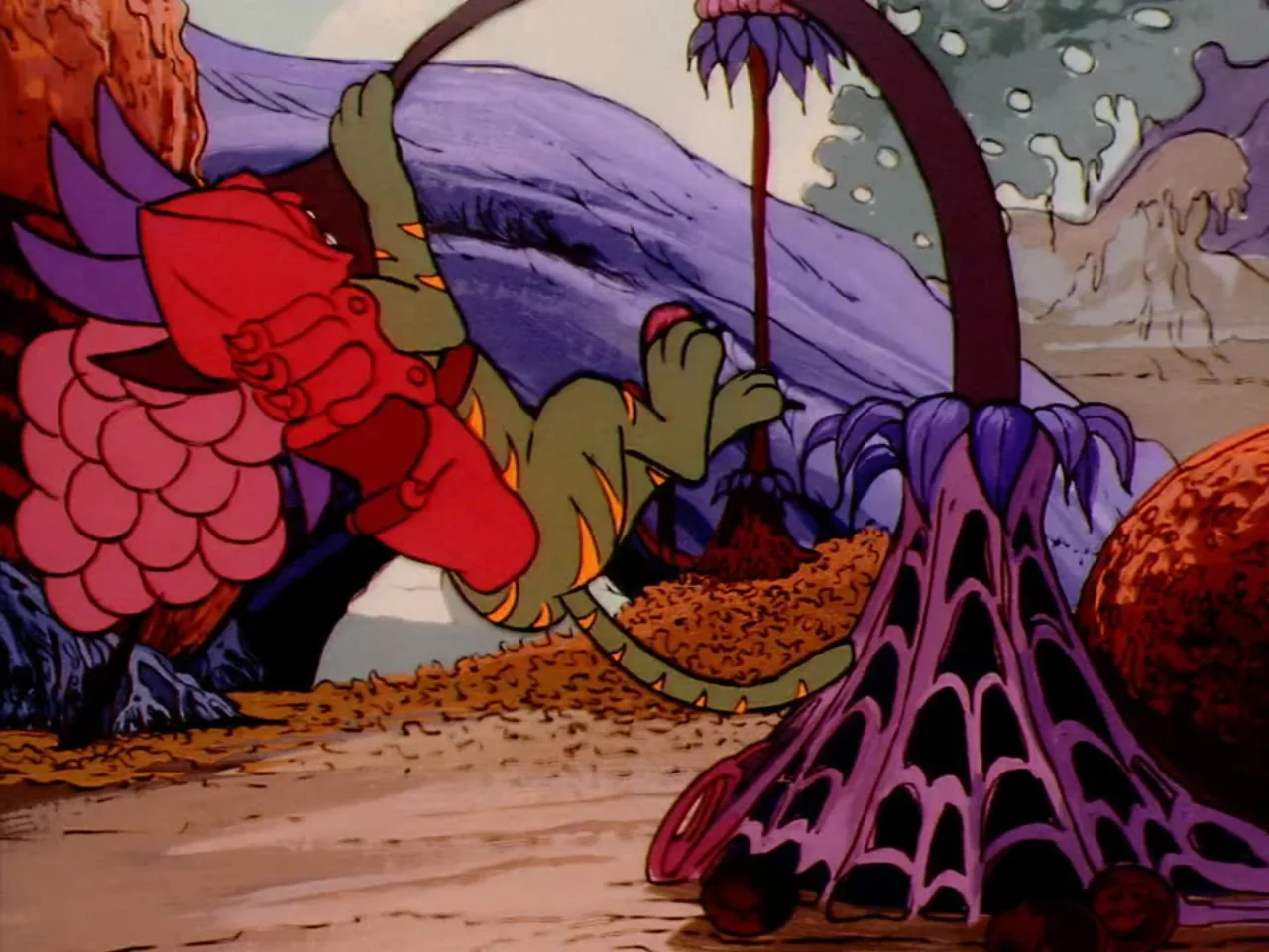 A red hooded figure grapples with a green scaled creature tangled around a web-like structure