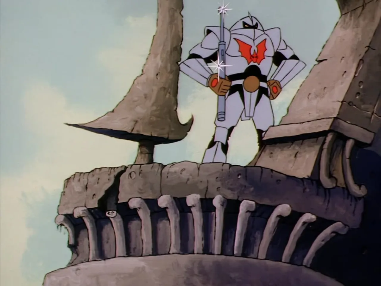A white and red armored Horde Trooper stands atop a bony spired tower holding a sparking staff