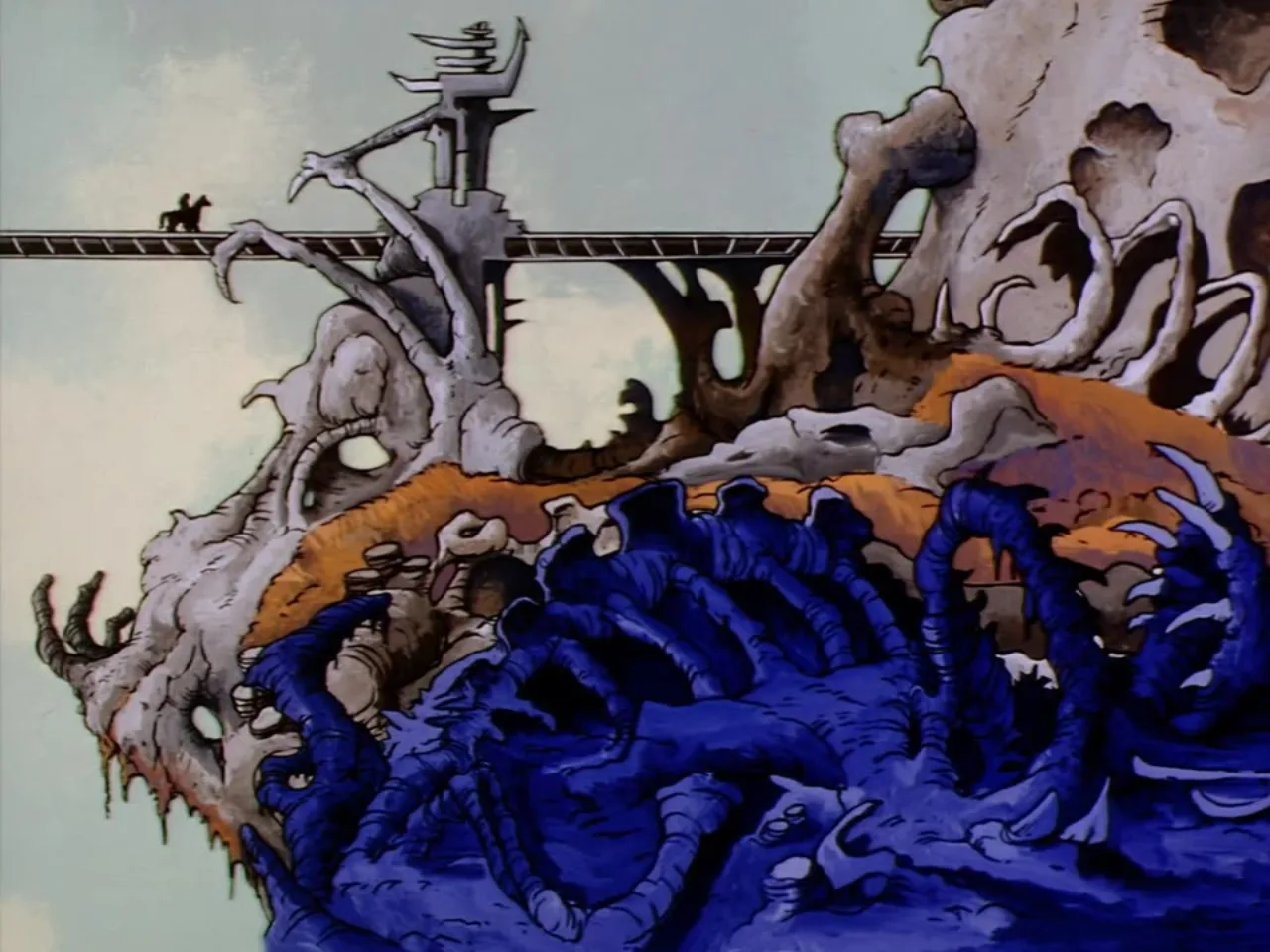 A distant rider silhouette crosses a narrow bridge between skeletal towers of the Fright Zone