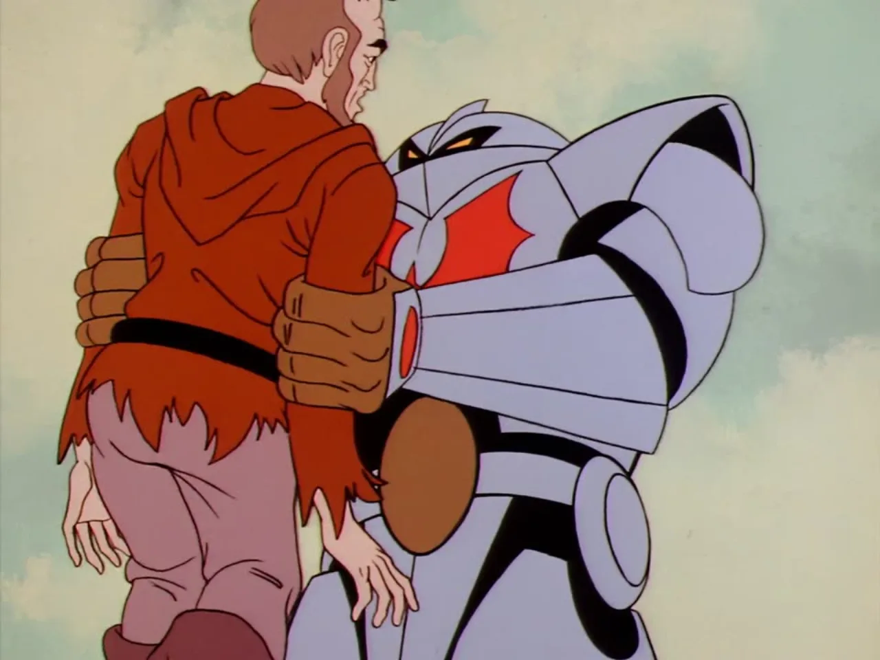 A Horde Trooper grips an elderly bald captive man from behind against a bright sky