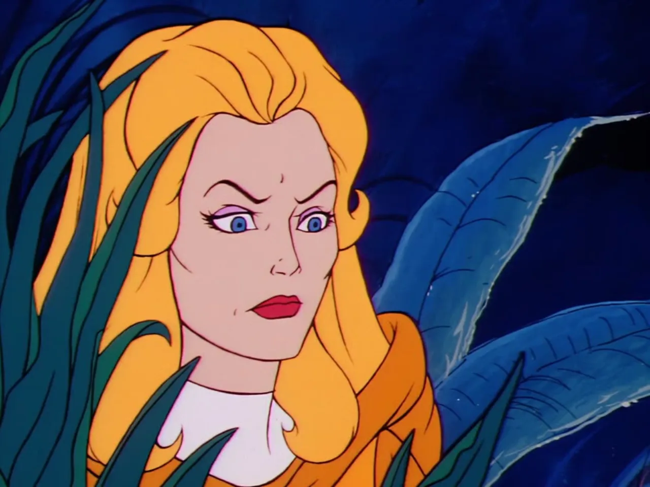 Adora peers out with an alarmed expression from behind blue green forest foliage