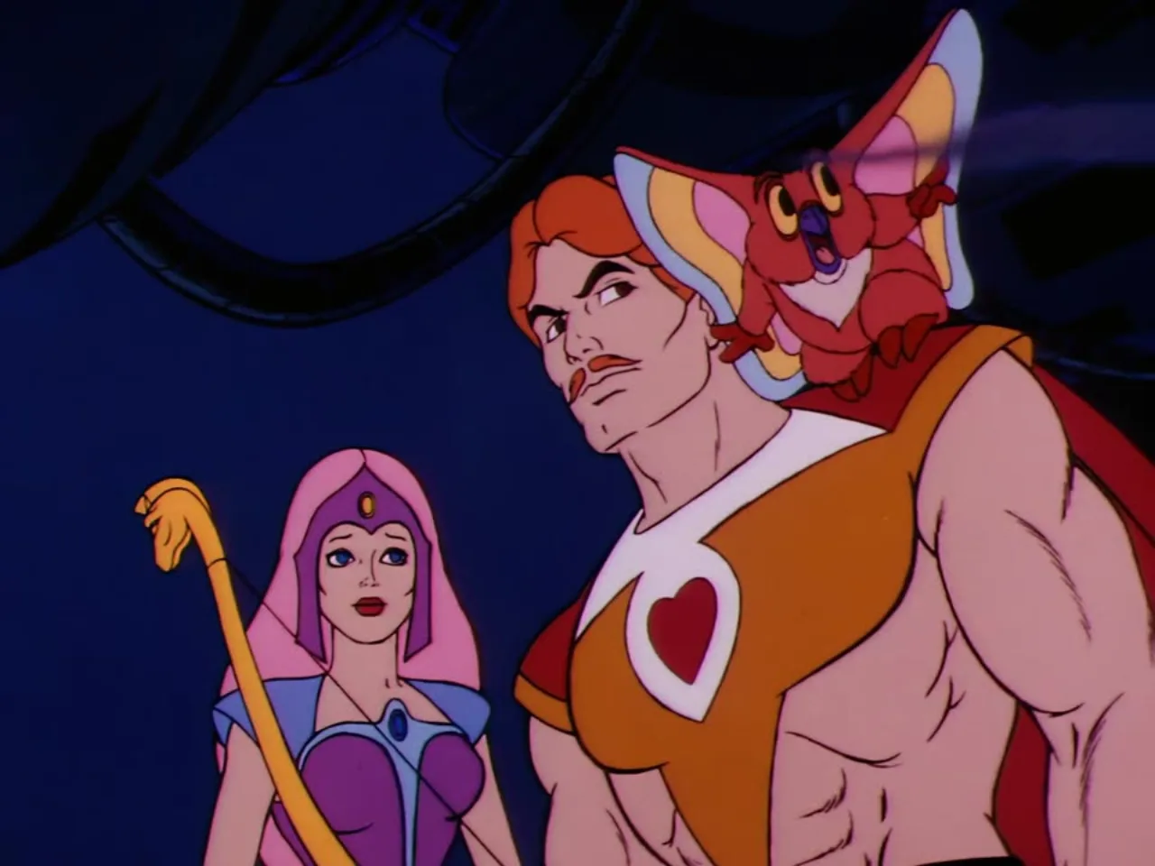 Bow stands beside Castaspella holding her golden staff while Kowl perches on his shoulder
