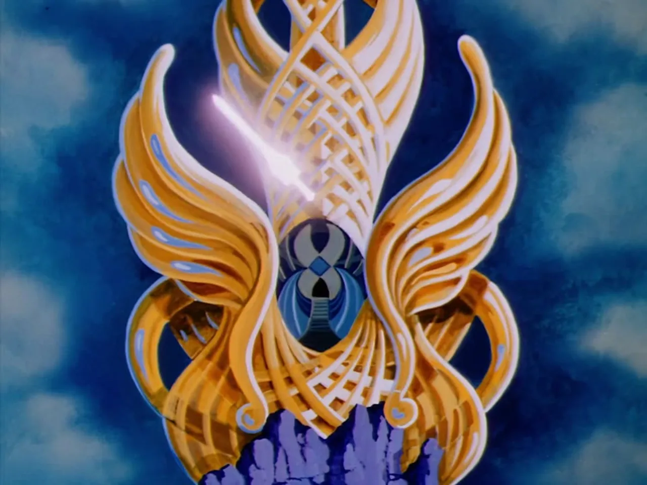 Ornate golden wings glow around a crystalline hilt as magical light streaks across a blue sky