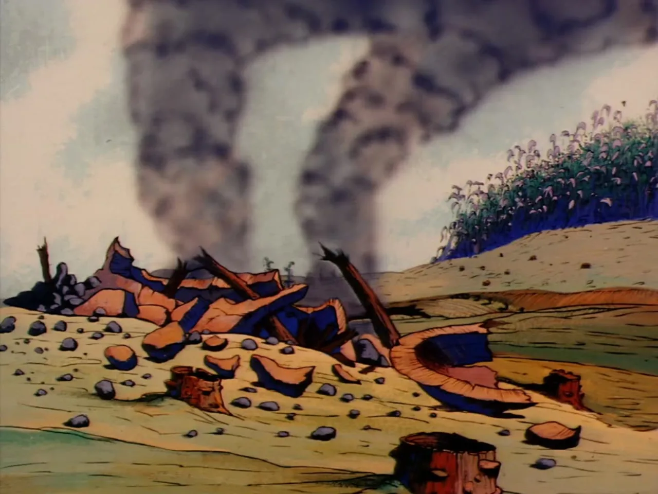 Smoke rises in two dark plumes over a scorched and rubble strewn landscape after an attack