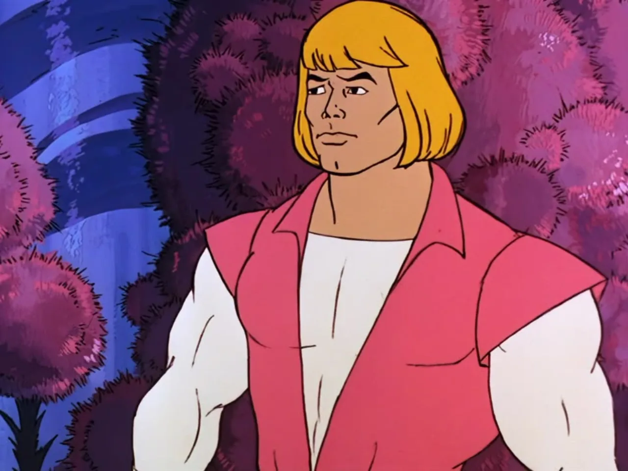Prince Adam looks off to the side thoughtfully amid the purple crystal trees.