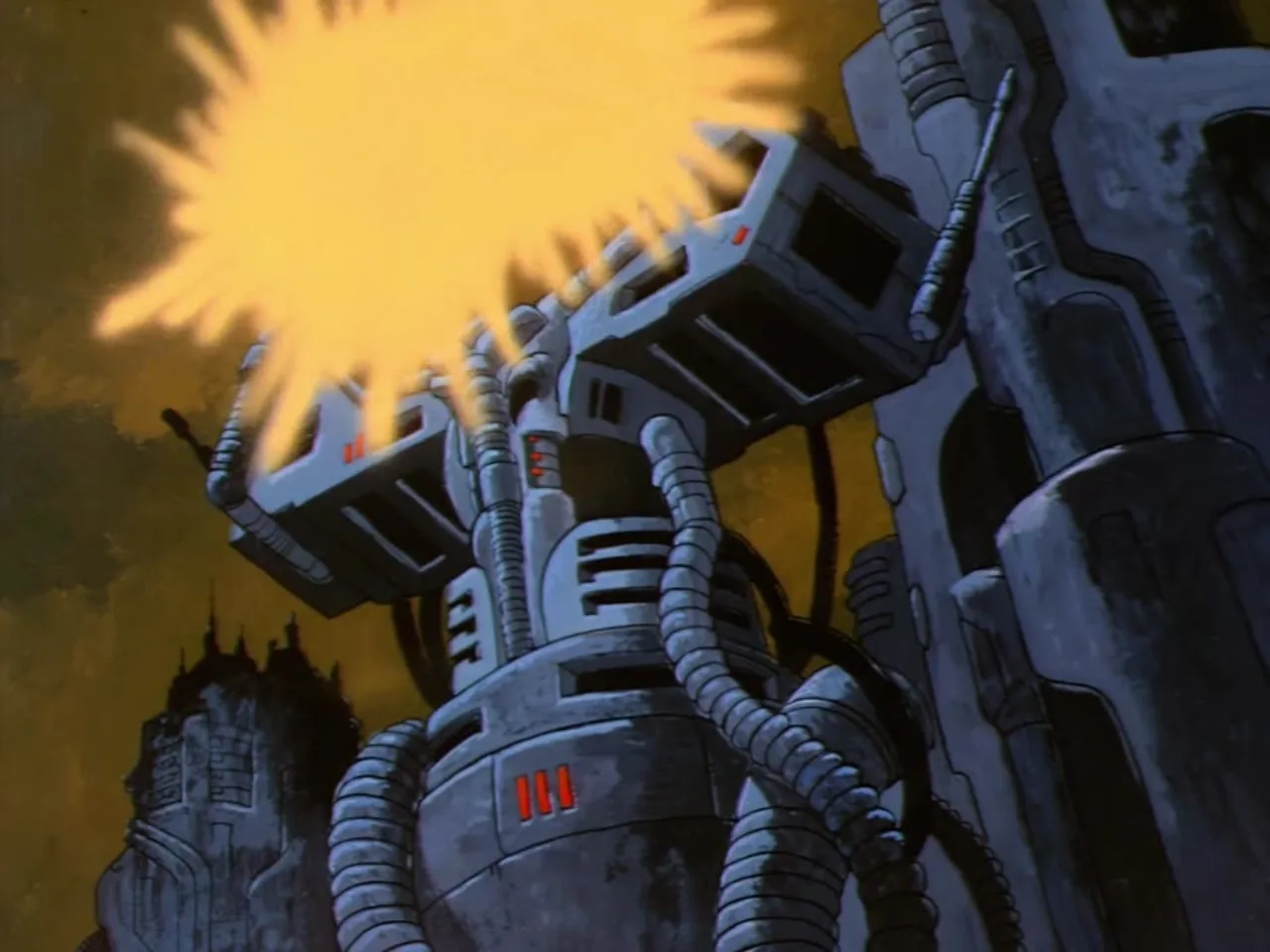 A massive robotic Horde war machine fires a blinding burst of energy from its cannon arm.