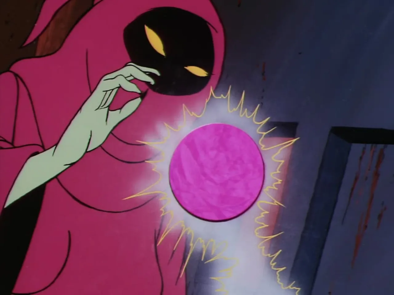 The hooded sorceress's clawed hand hovers over the glowing pink orb of magic.