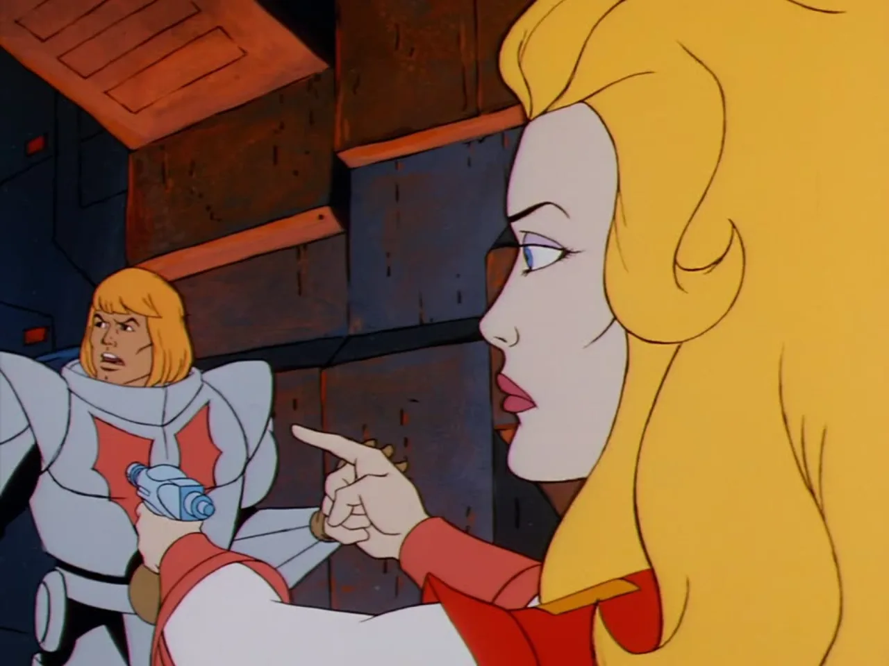 Adora points and speaks urgently while He-Man, disguised as a Horde trooper, holds a blaster behind her.