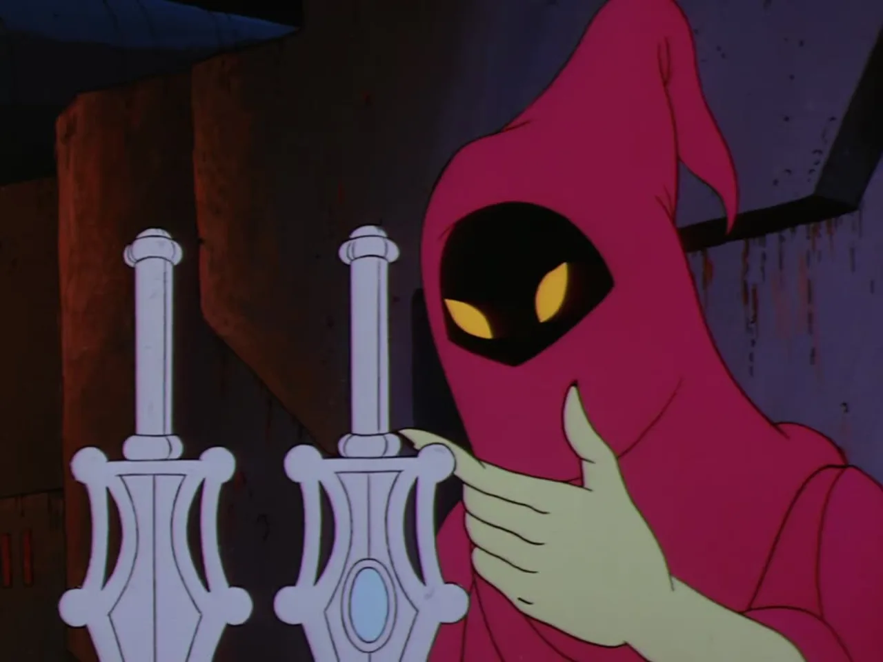 The hooded sorceress reaches toward two ornate sword hilts mounted on a stand.
