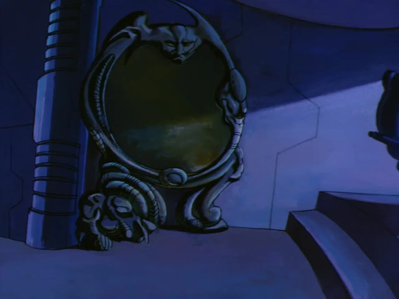 An ornate dark mirror mounted on a bone like frame sits empty and glowing faintly on a stairway landing.