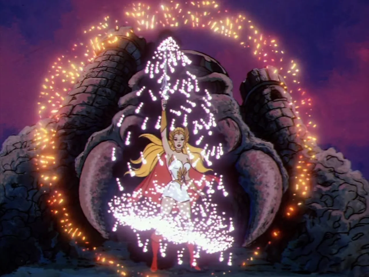 She-Ra transforms in a shower of golden sparkling light before a jagged clawed rock archway.