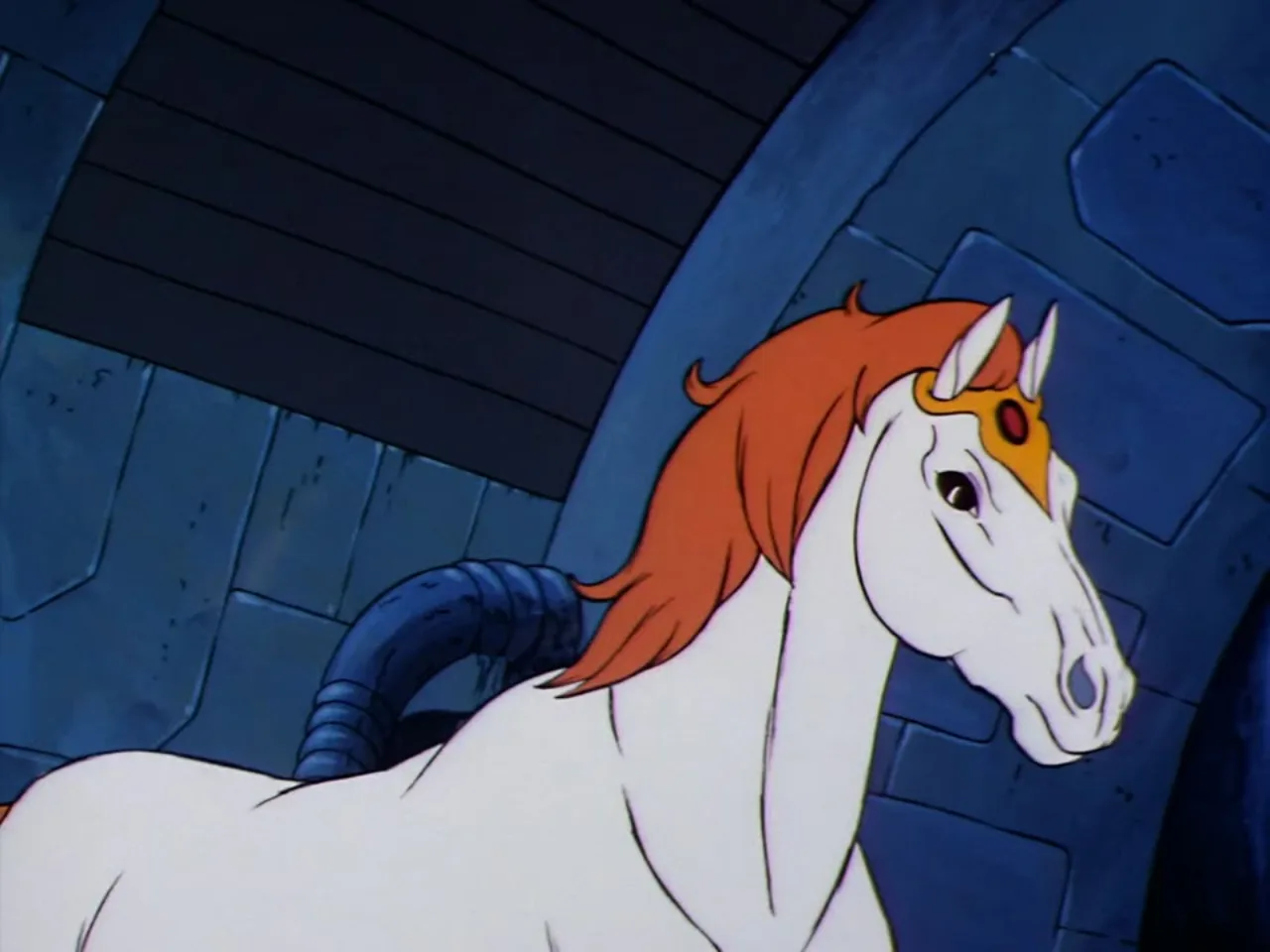 Swift Wind's horse head is shown in close-up inside a blue stone tunnel.