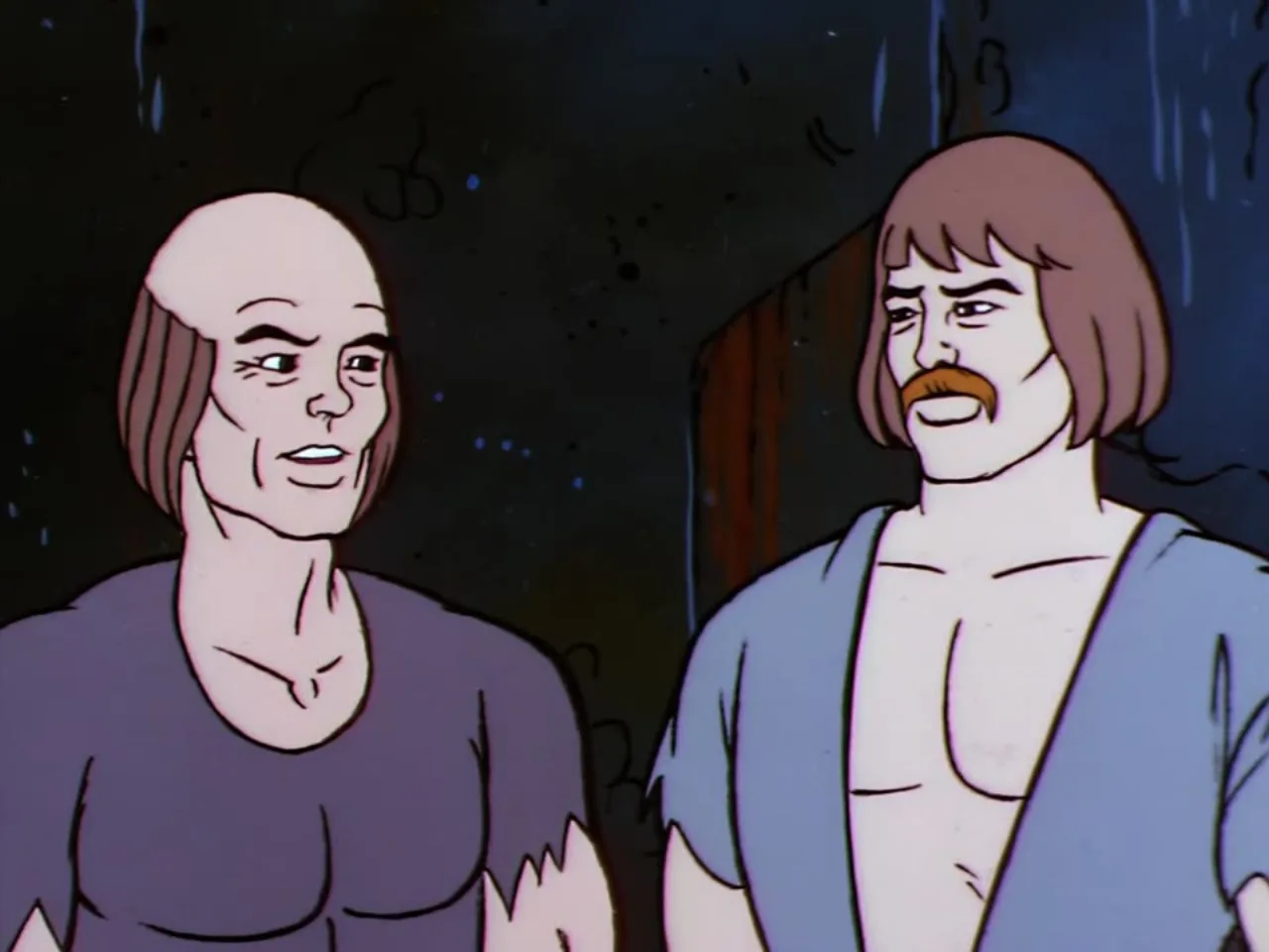 Two of the rain-soaked villagers exchange a knowing glance.