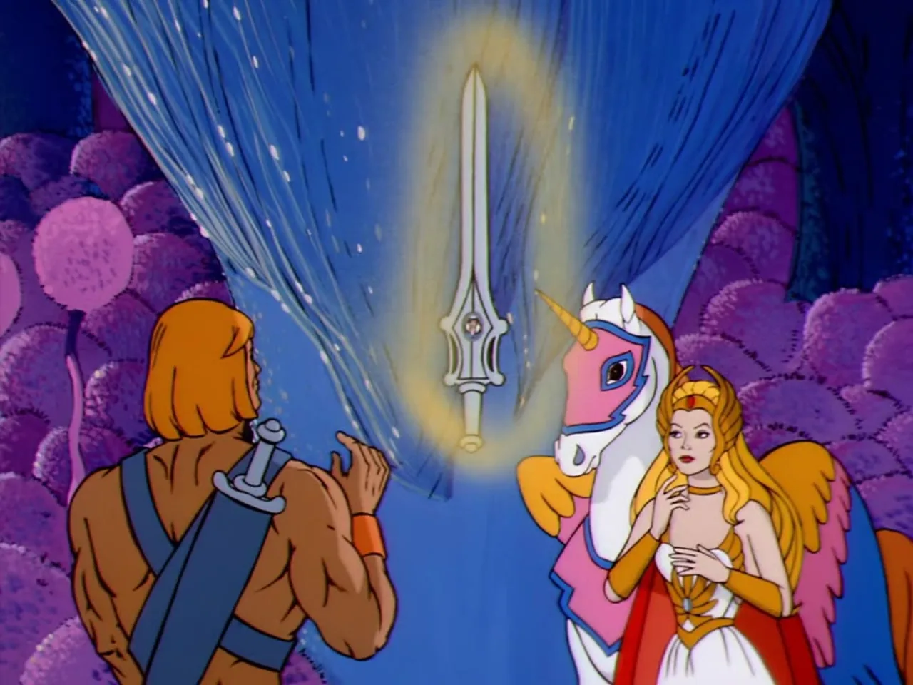 He-Man reaches toward a glowing sword vision as She-Ra and Swift Wind look on in the Whispering Woods.