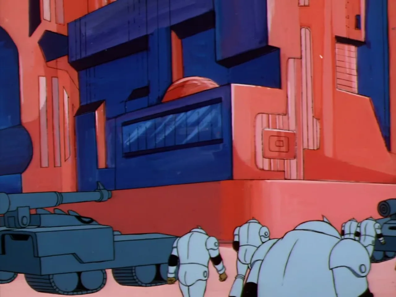A column of Horde Troopers and an armored tank march past the towering red and blue Fright Zone fortress.