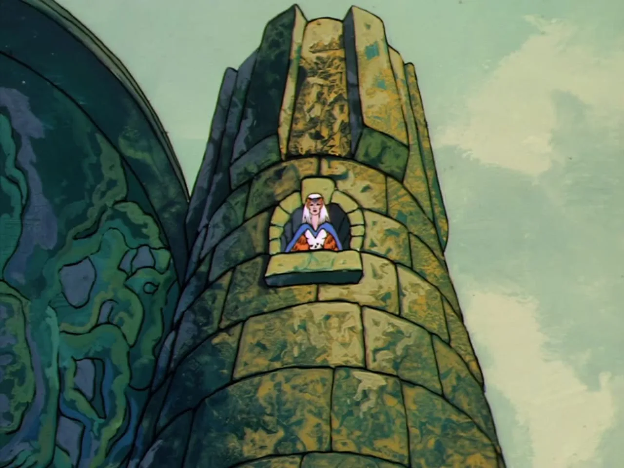 A small robed figure sits in a high tower window overlooking the sky, holding a tiny white creature.