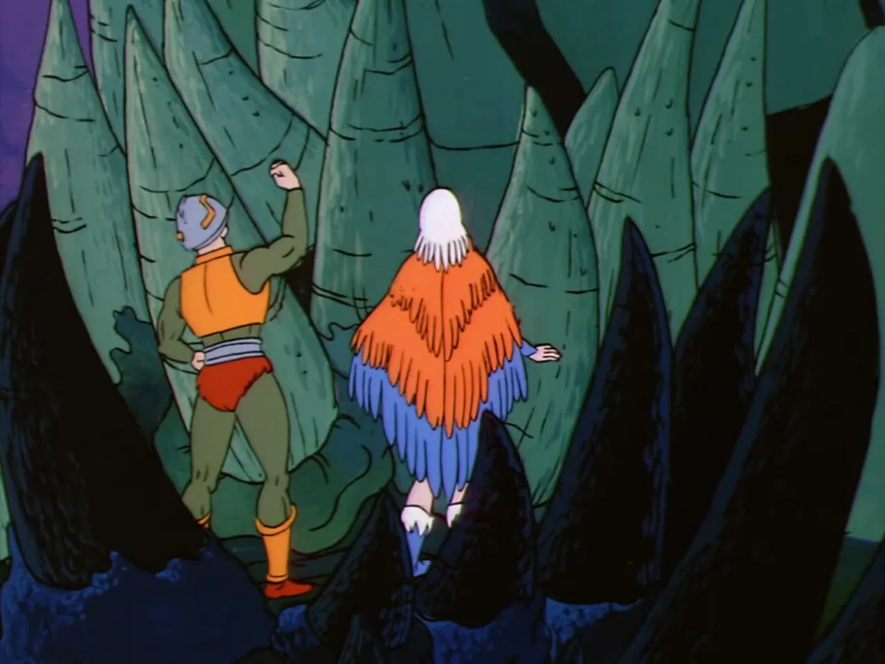 Two figures walk away through a dense grove of spiked dark trees.