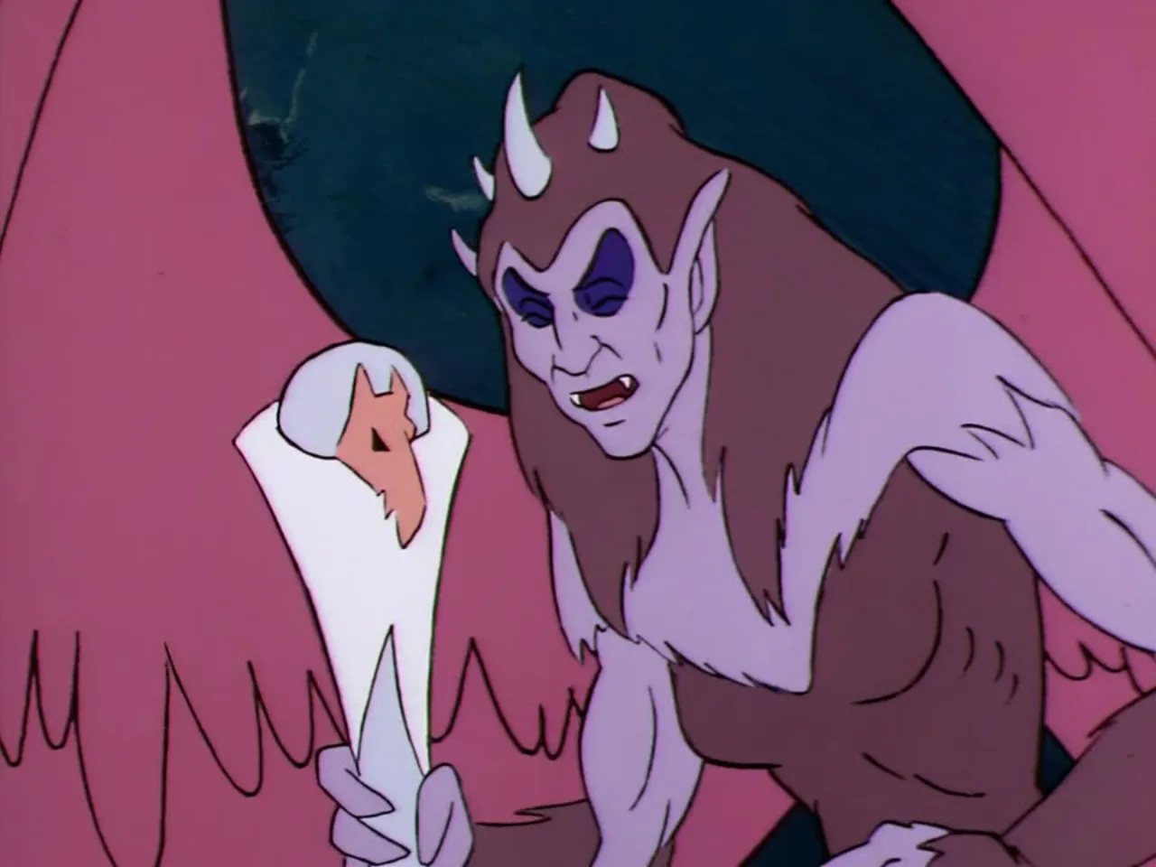 A horned demon-like creature grips a small white captive bird creature menacingly.