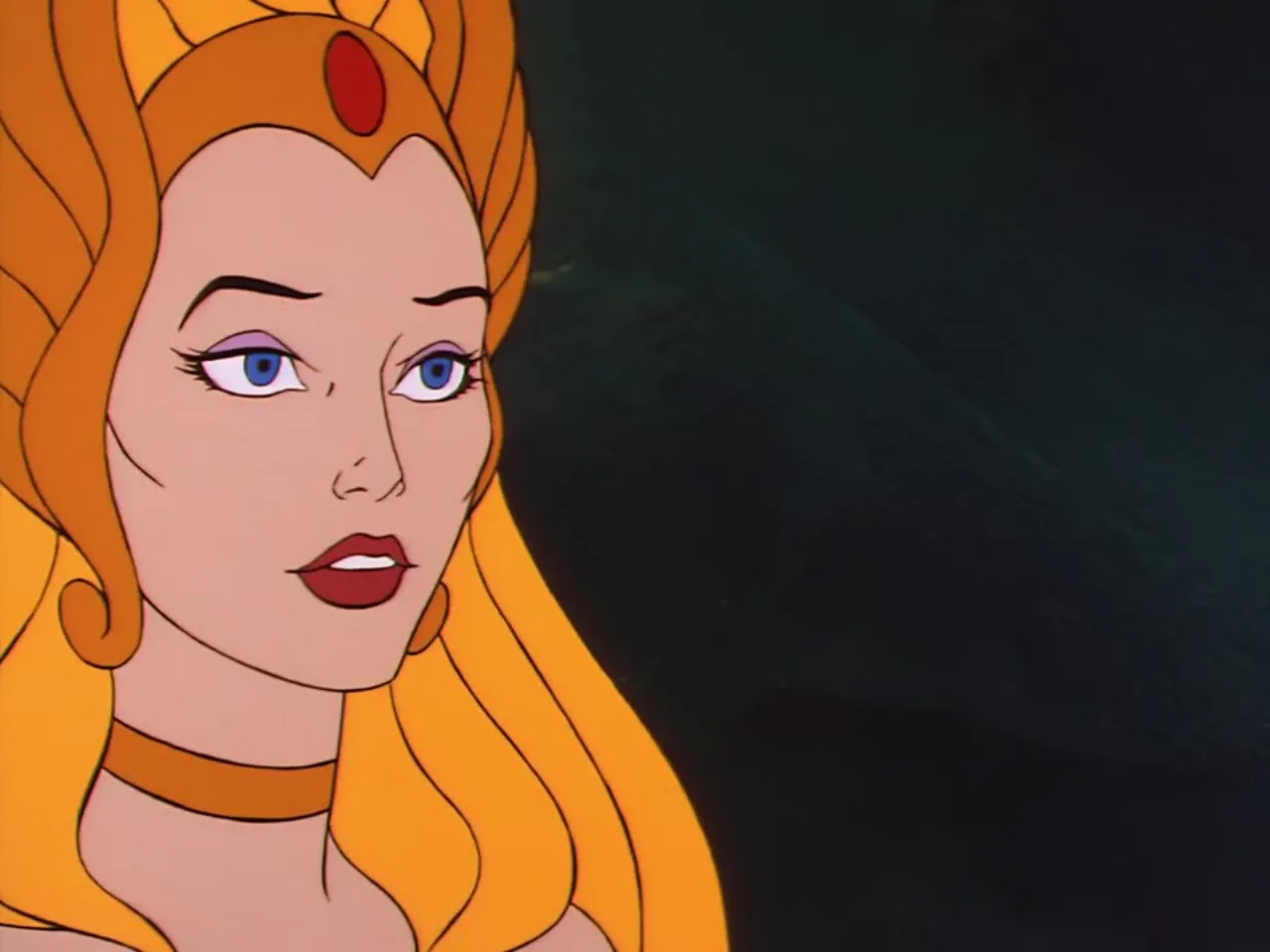 She-Ra gazes off to the side in a pensive close up portrait with her gold tiara and flowing hair lit softly.
