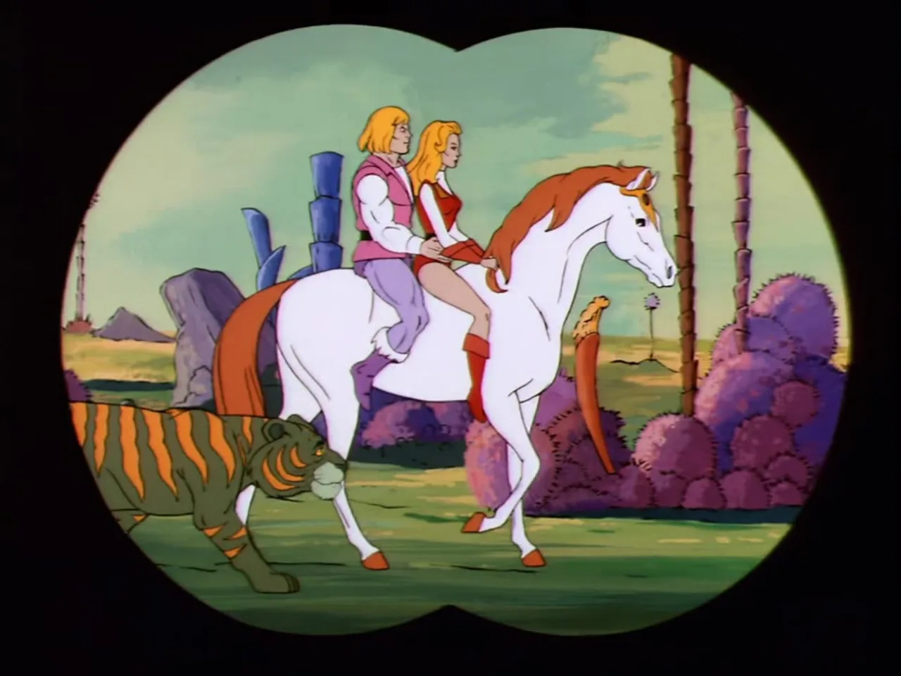 Seen through a pair of binoculars, He-Man and She-Ra ride Swift Wind across a field with Battle Cat trotting alongside.
