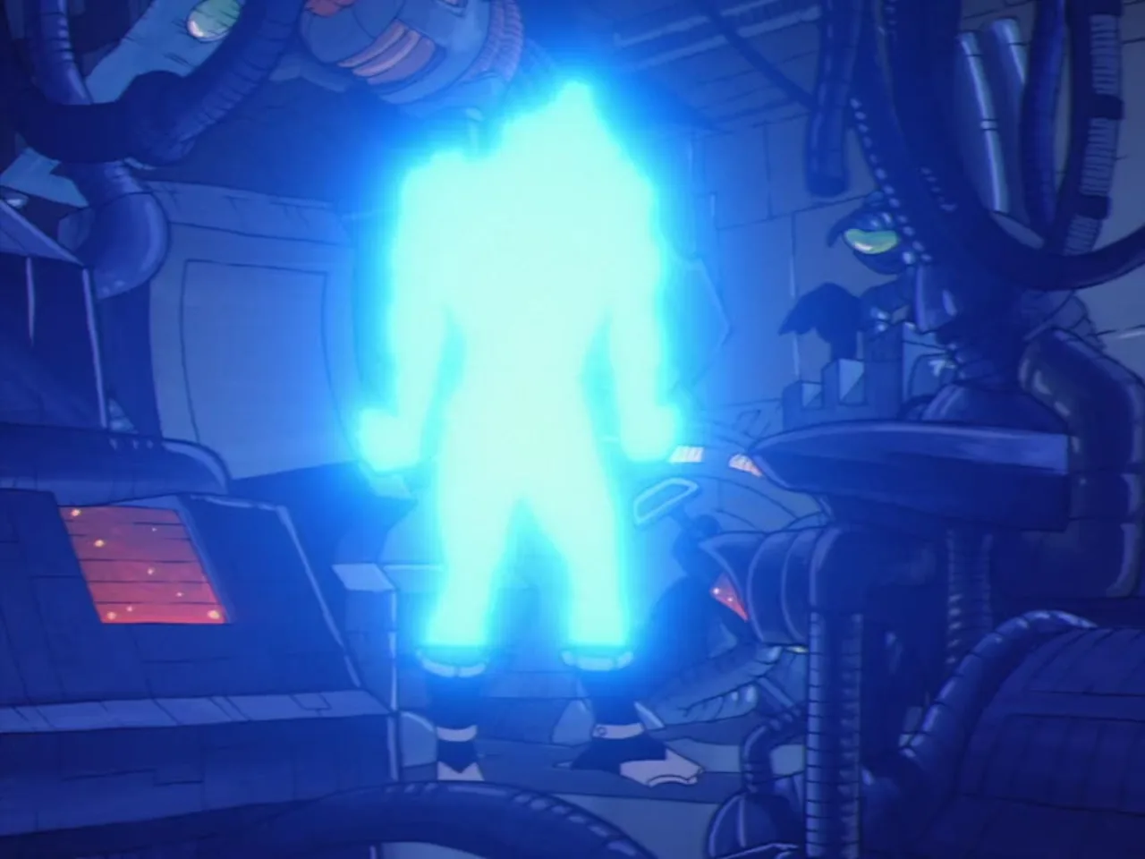 A humanoid figure glows bright cyan as an energy transformation takes place inside the machinery of the Fright Zone.