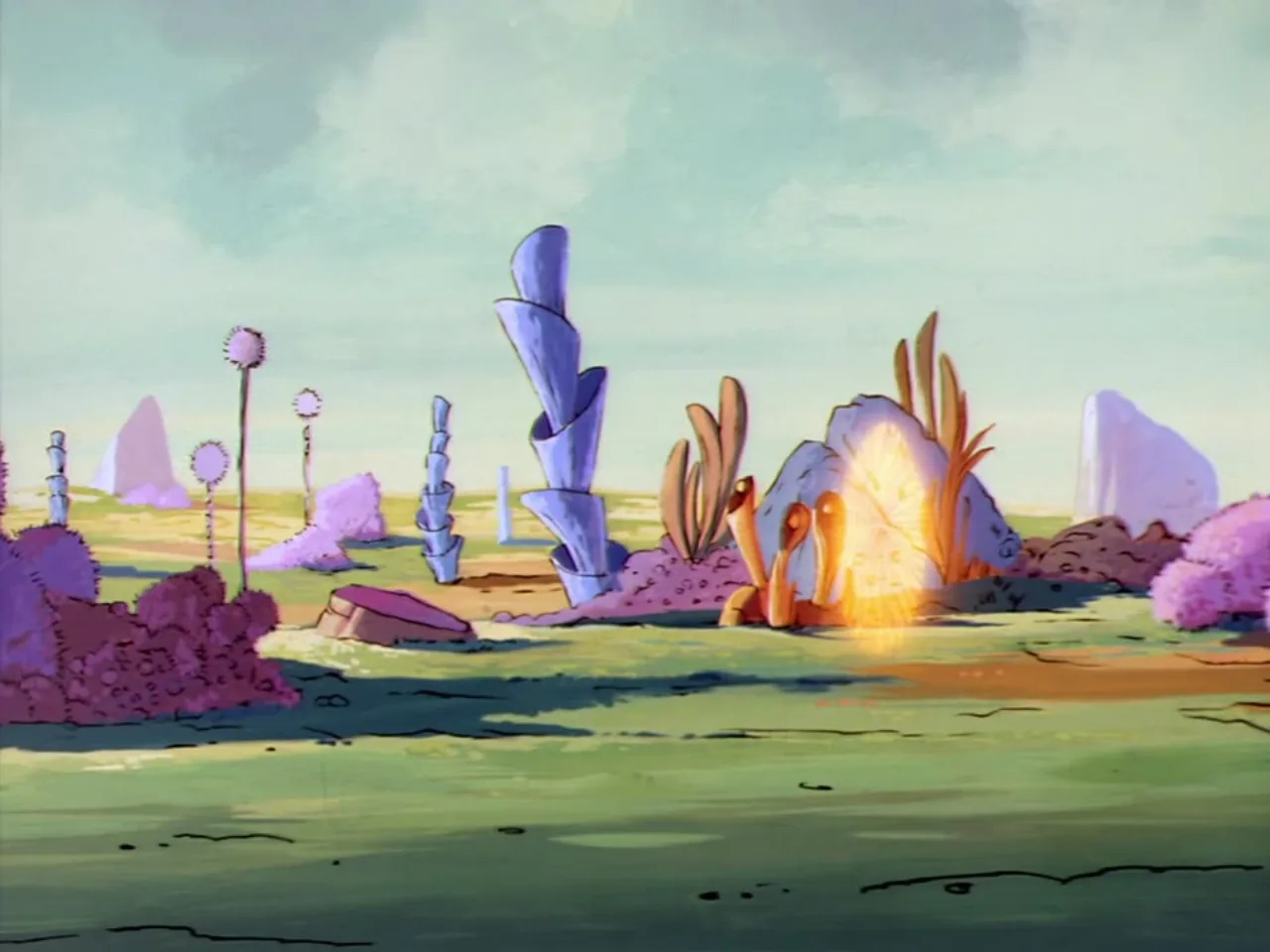 A glowing portal of light sits amid alien rock spires and pink foliage in a wide landscape shot.