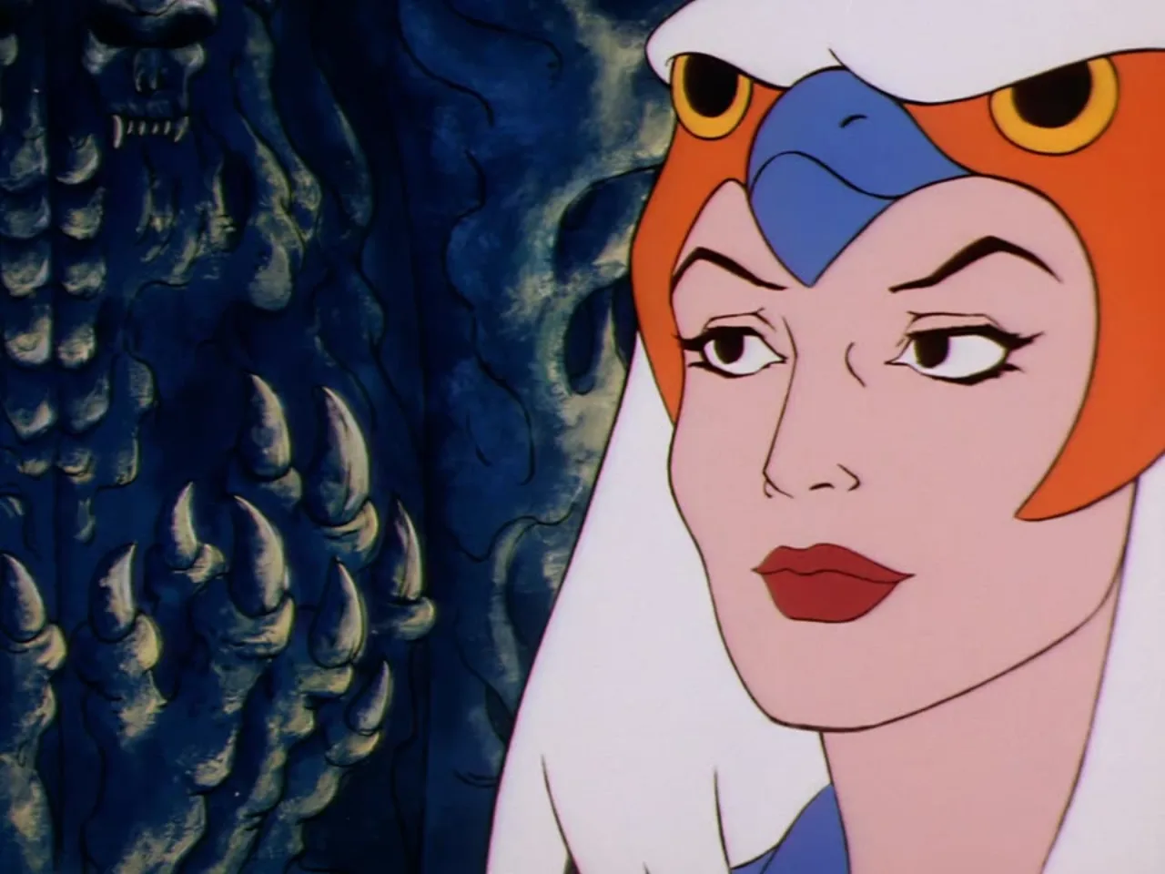 A woman with an orange bird-like headdress and large watchful eyes glances sideways against a dark clawed wall.