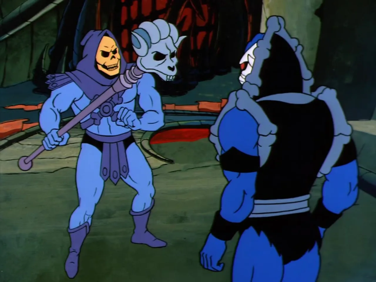Skeletor gestures with clenched fists and his staff while facing Hordak who stands with his back to camera.