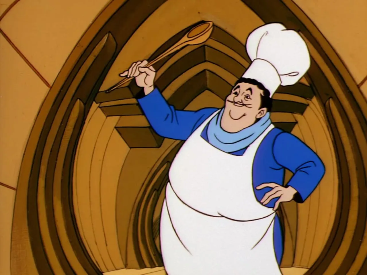 A jolly rotund palace chef in a white hat and apron raises a wooden spoon in a gleeful gesture.
