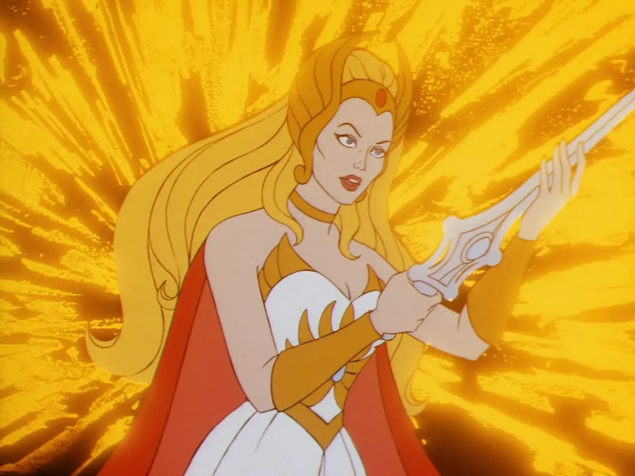 She-Ra stands fully transformed with her sword raised as radiant golden light bursts behind her.