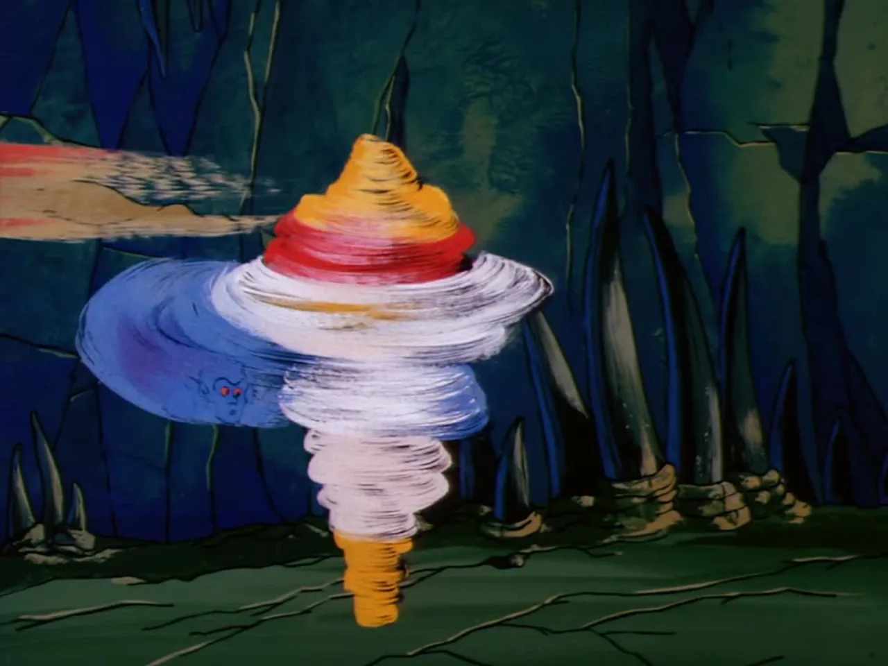 A swirling multicolored tornado of magical energy spins across the cavern floor.
