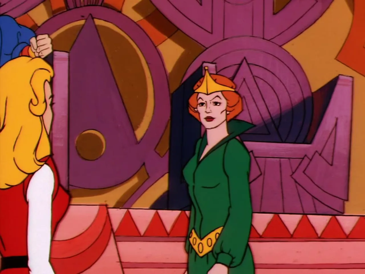 Adora stands before a crowned woman in a green robe inside an ornate patterned chamber.