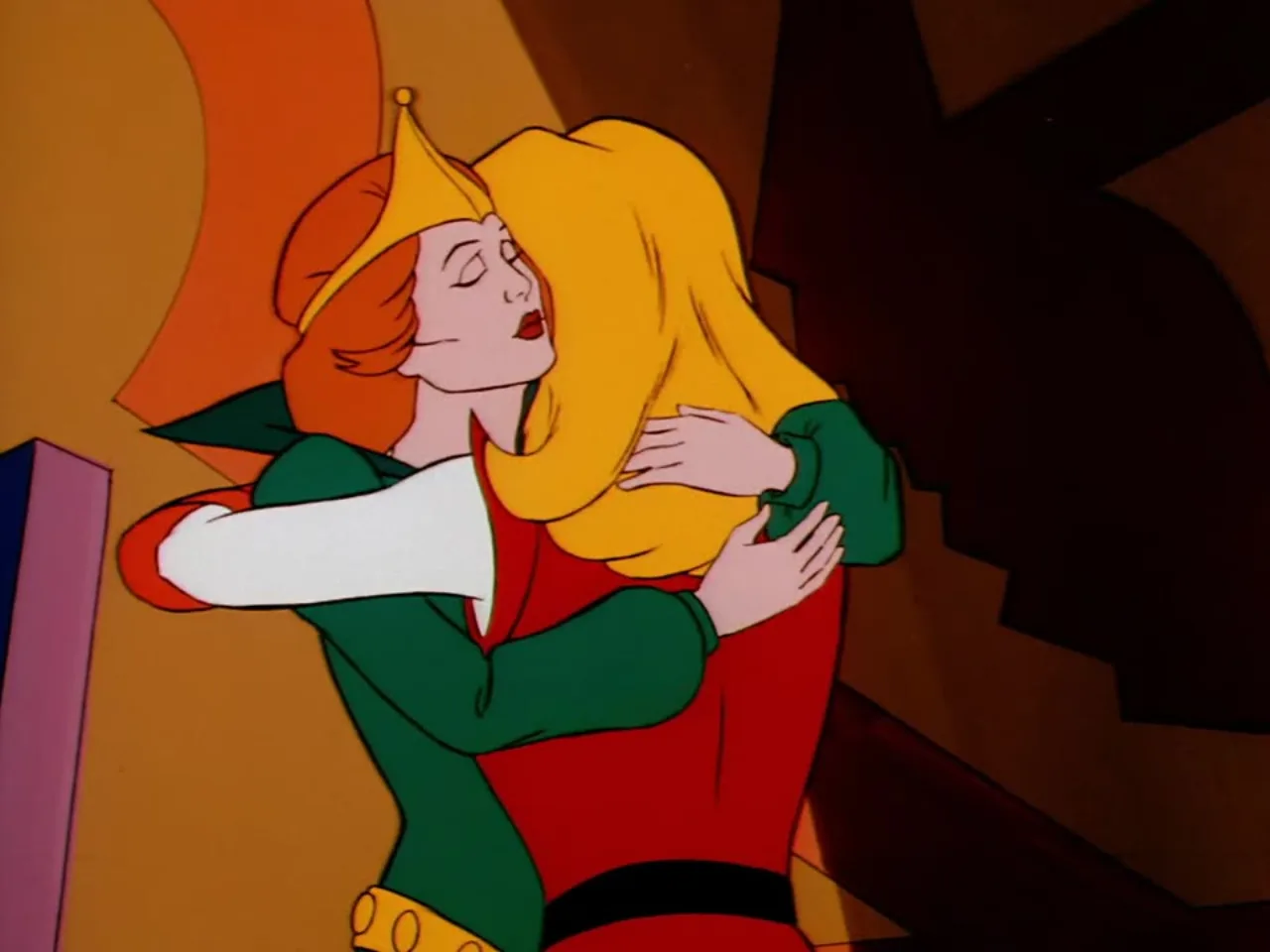 A crowned woman warmly embraces Adora inside the ornate chamber.
