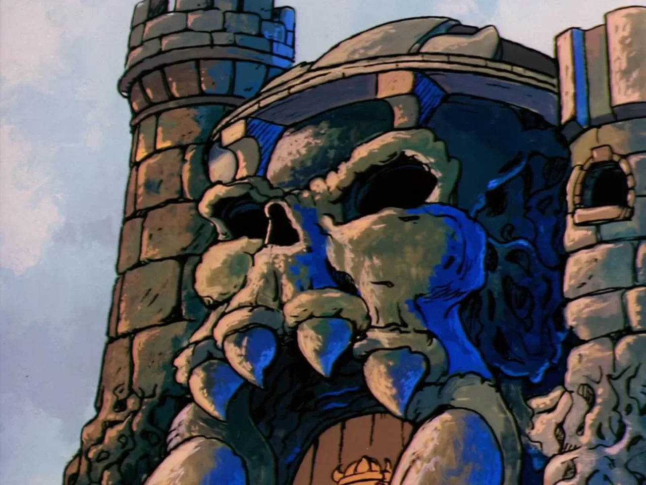 A pale, white-haired mystical figure with angular bird-like face markings gazes forward against a dark carved backdrop.